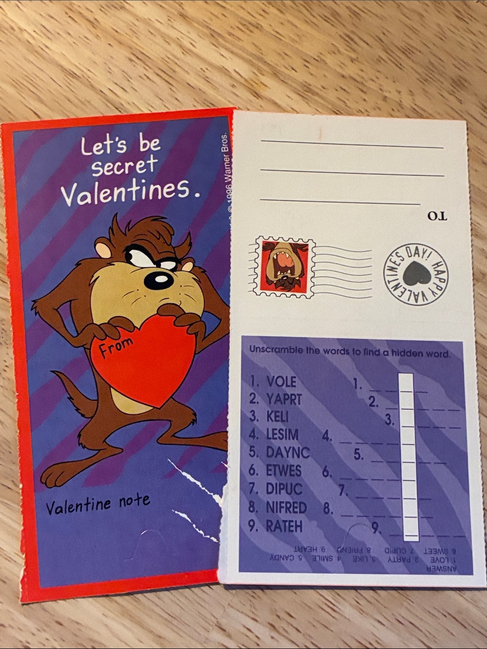 Vintage 1996 Warner Bros. Taz Valentine's Day Cards - Red & Purple - Picture 3 of 7